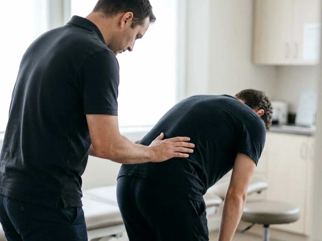A chiropractor testing how far a patient can bend before pain starts