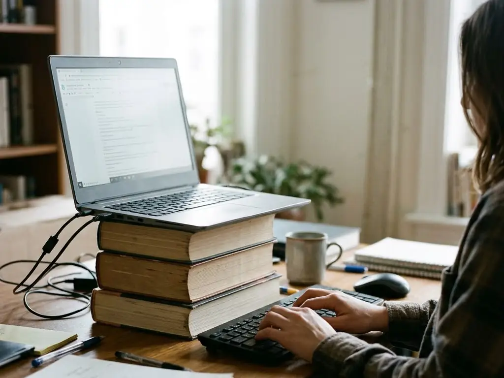 A laptop raised on books with a separate keyboard below it