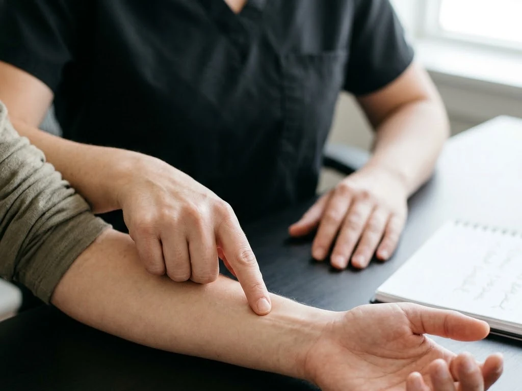 A numb area being traced out along the forearm