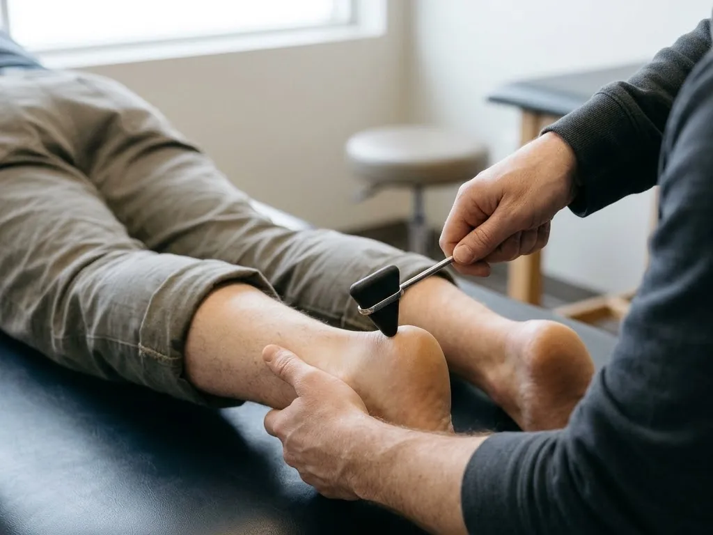 A reflex hammer and strength test used on the lower leg