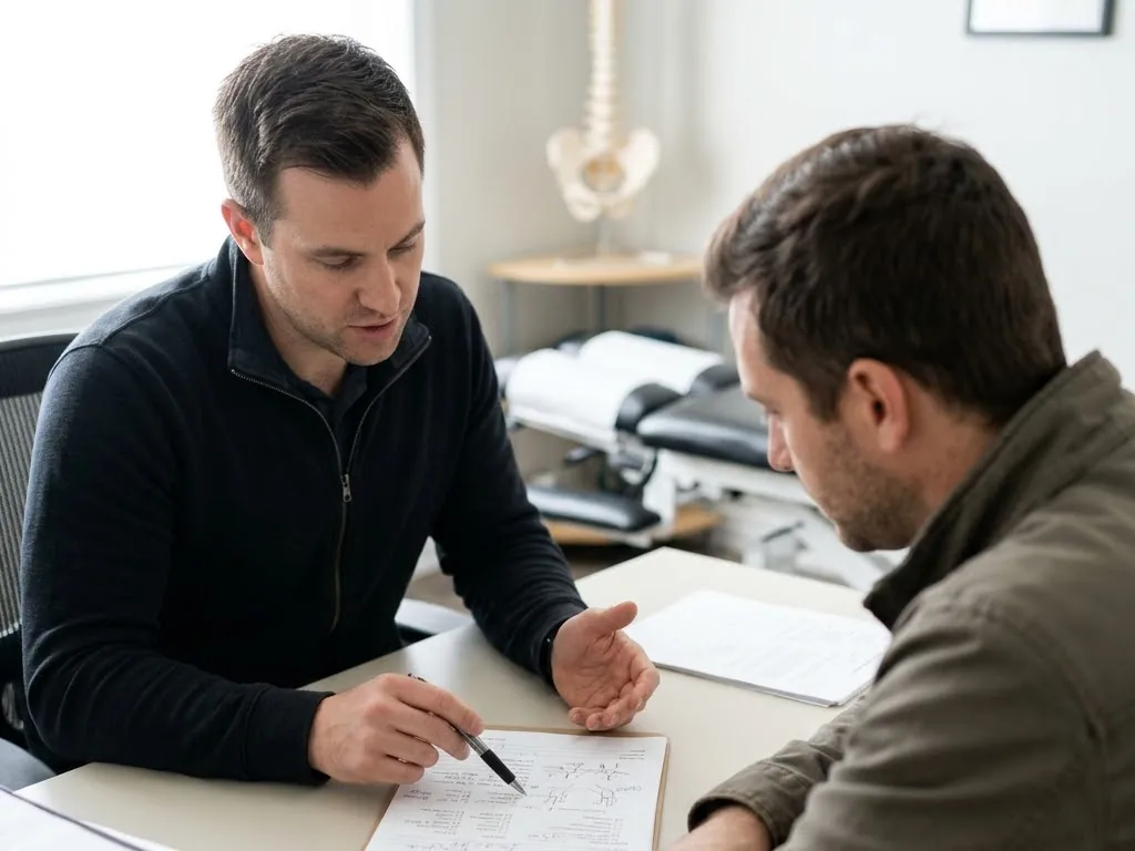 Exam findings being talked through at a desk before any treatment