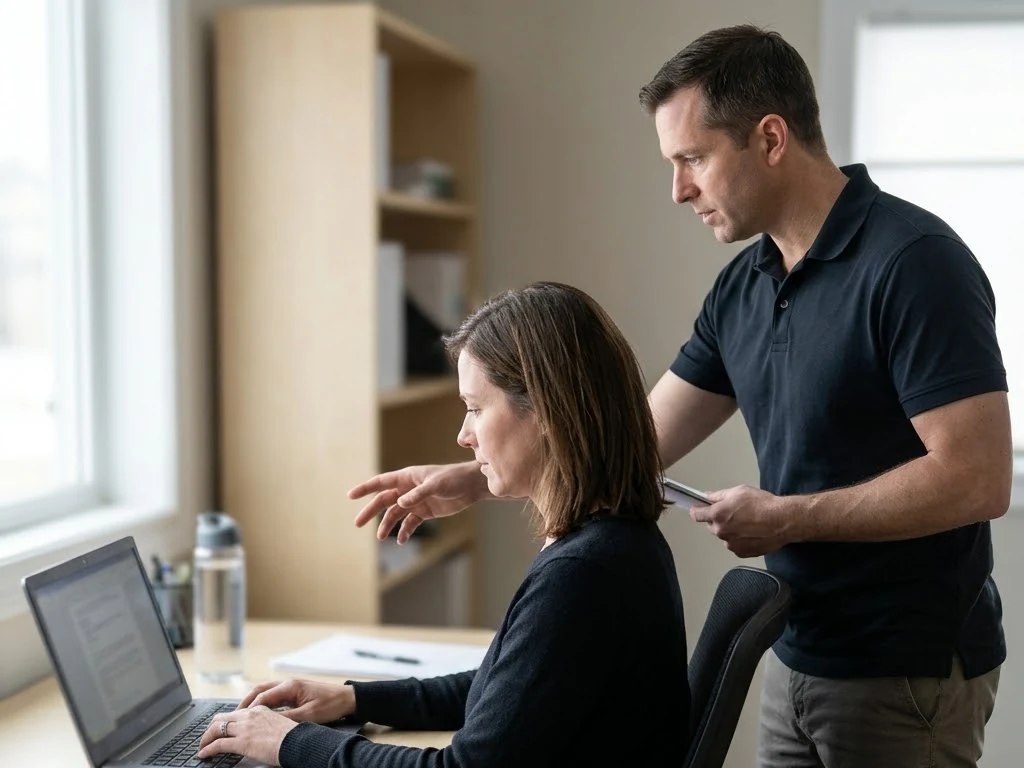 A seated working position being assessed from the side