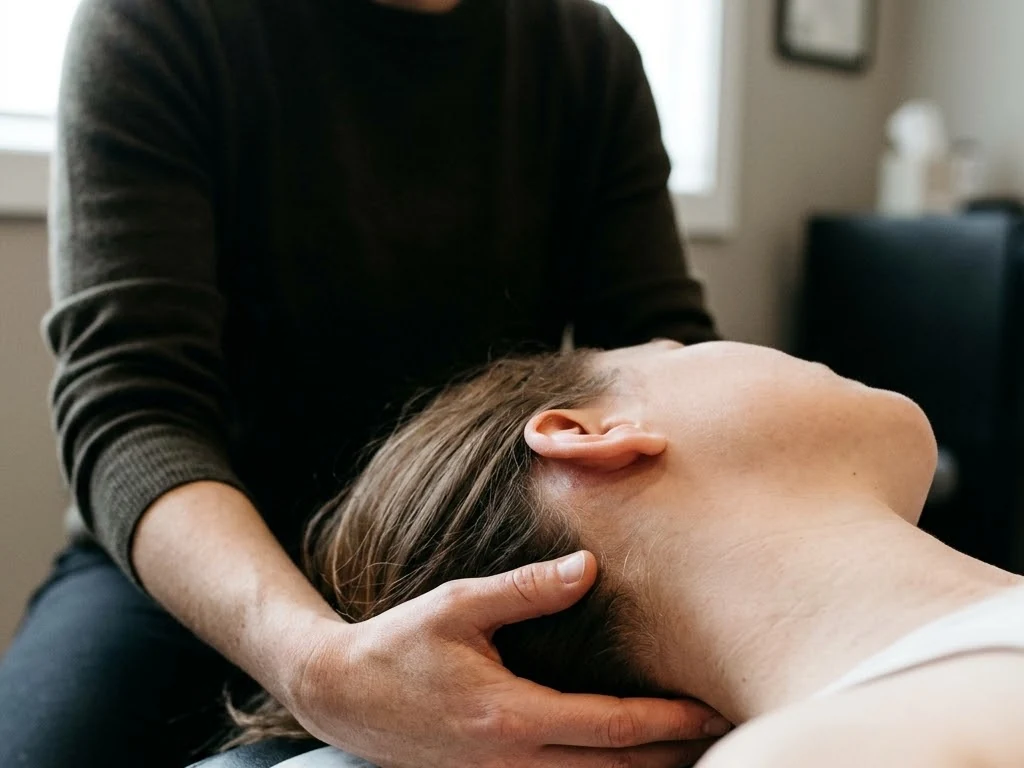 A chiropractor palpating the upper cervical joints at an examination in Toronto